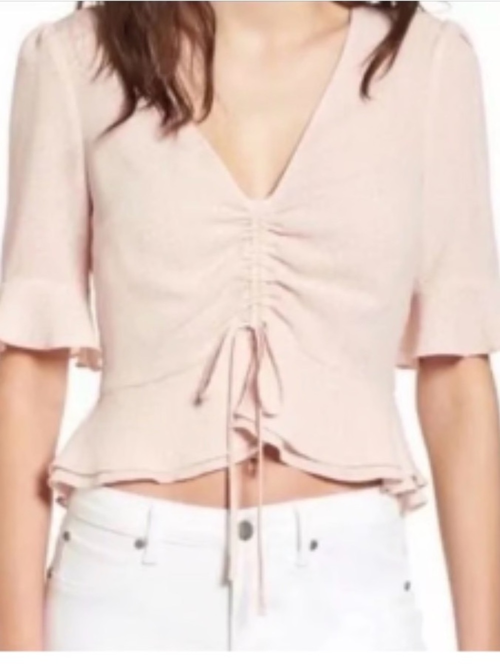 ASTR The Label Blush Swiss Dot Ruched Peplum Top Puff Sleeve S
